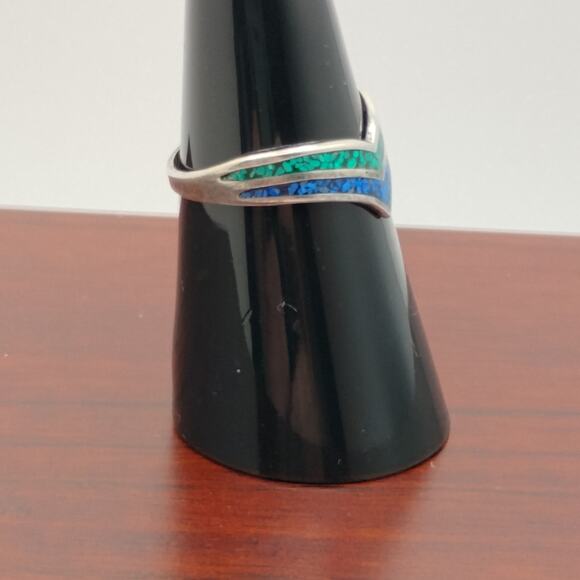 Turquoise and Lapis Chip Inlay Sterling Silver Ring Size 6.75 - Picture 3 of 8